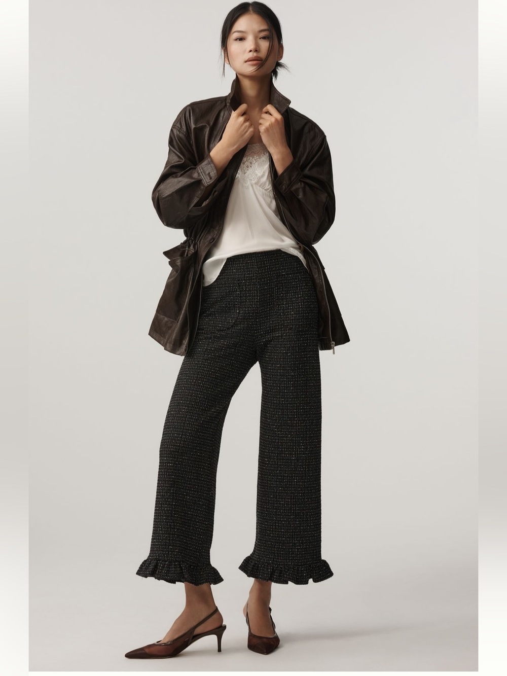 NWT The Colette Crop Tweed Ruffle-Hem Pants by Maeve